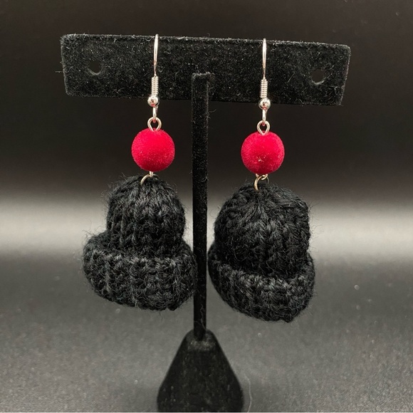 Handknit Black and Burgundy Winter Hat Earrings - Picture 7 of 7